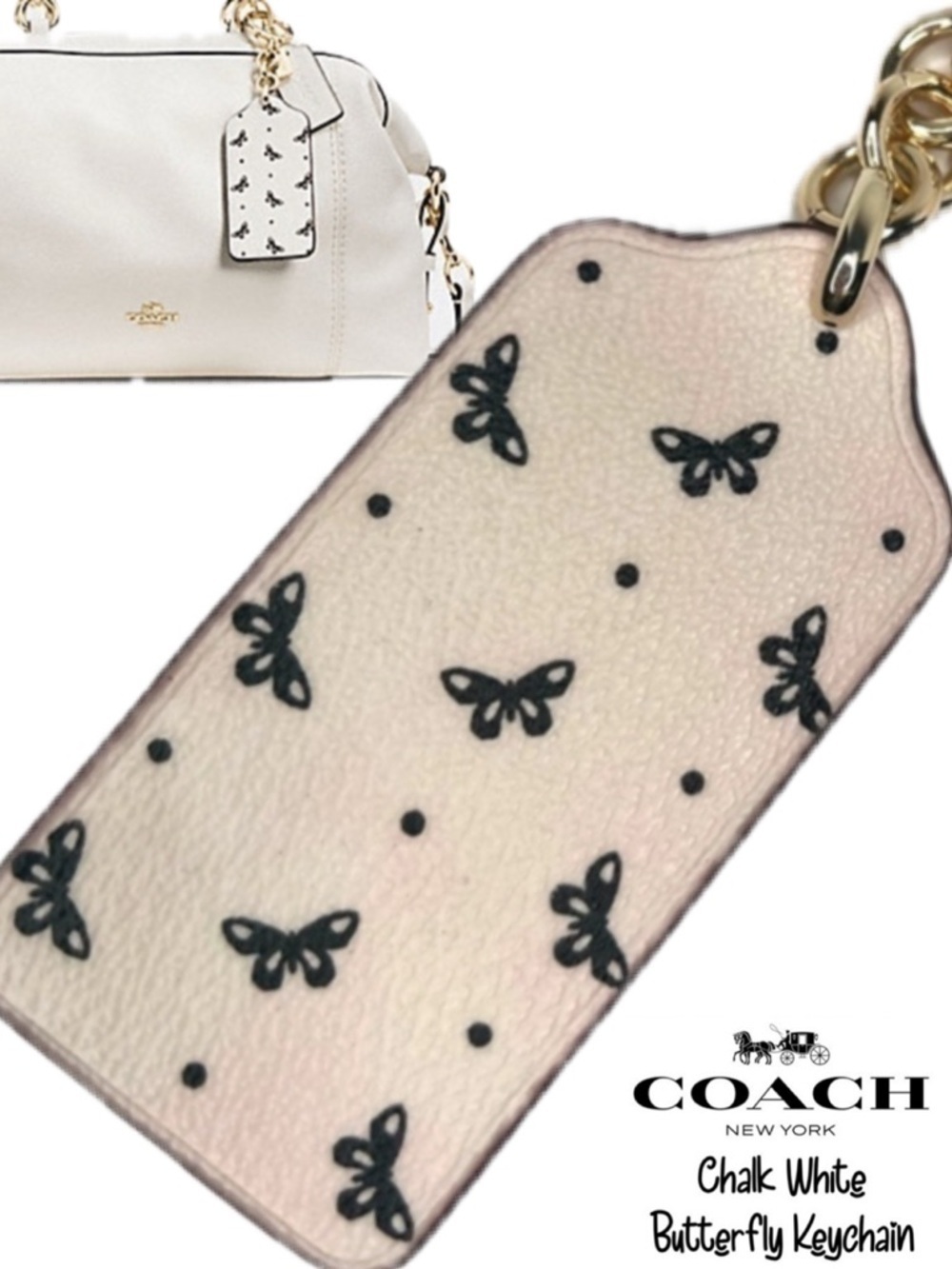 Coach Butterfly White Chalk Black Leather Keychain Key Charm NWT F59863 Gold
